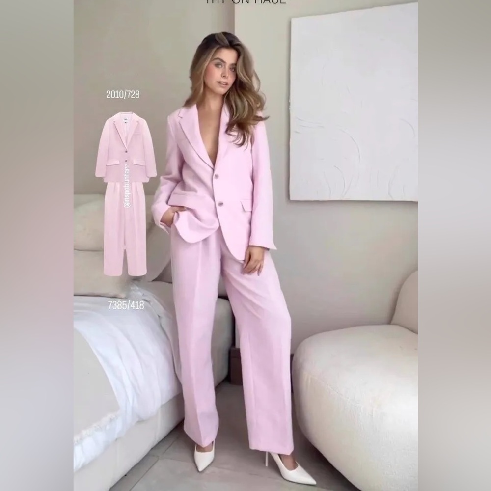 🤍 ZARA Pink High Waisted Wide Leg Full Length Pants Trousers